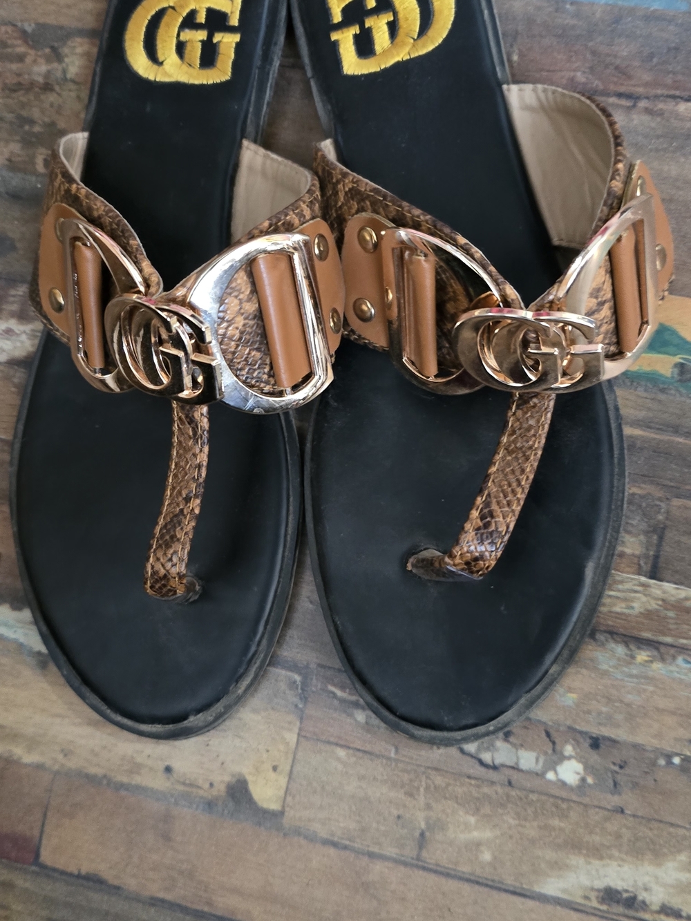 Women’s Brown Leather T-Strap Sandals with Gold Accent